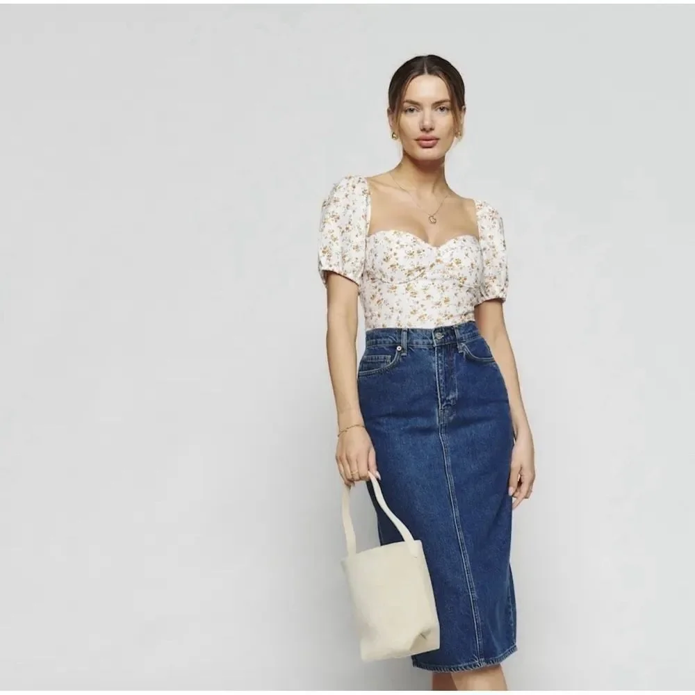 Reformation Andra Linen Top in Adagio Floral.Puff Sleeves. Zipper Closure.Sz 4